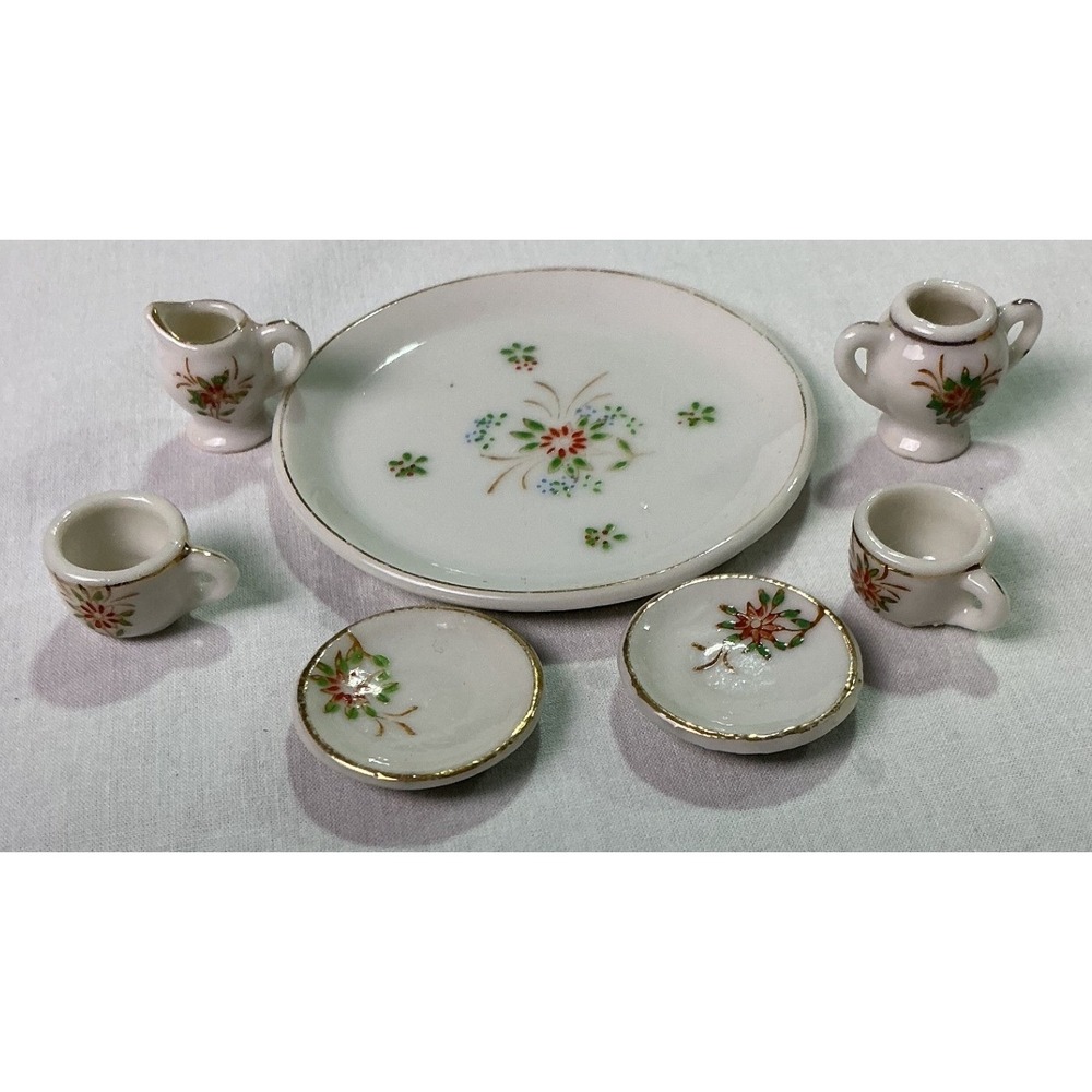 Vintage Pico Occupied Japan Miniature Dollhouse Tea Set 7 Pc Floral Porcelain